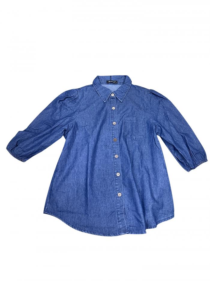 Allegra K トップス ブラウス 七分袖 パフスリーブカラー ボタンダウン ジーンズシャツ デニムシャツ レディース ダークブルー XS