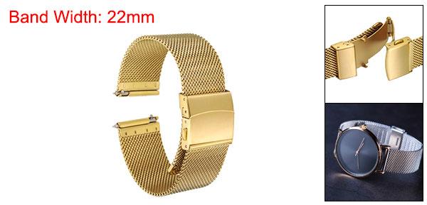 uxcell 22mm幅1.8mm厚ステンレススチールメッシュウォッチバンド クイックリリースメタルウォッチストラップ 調節可能な折りたたみクレスプ交換バンド 男性用女性用 金トーン&#10;