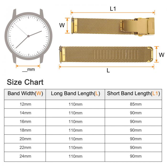 uxcell 22mm幅1.8mm厚ステンレススチールメッシュウォッチバンド クイックリリースメタルウォッチストラップ 調節可能な折りたたみクレスプ交換バンド 男性用女性用 金トーン&#10;