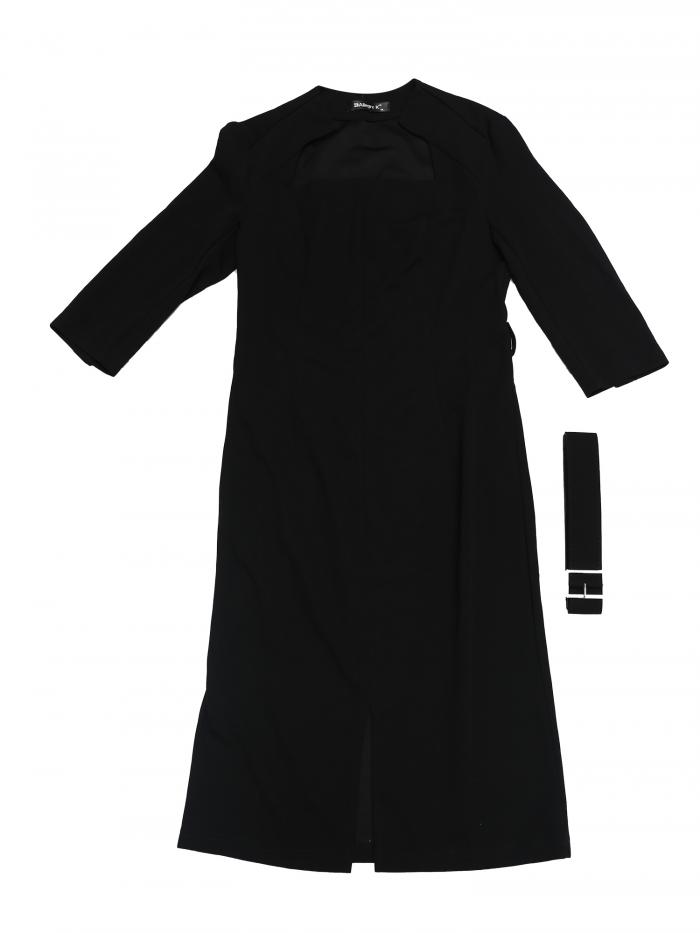 Allegra K レディース ペンシルドレス 3/4 スリーブ ベルト付き スリット レトロ ビジネス シースドレス ブラック L