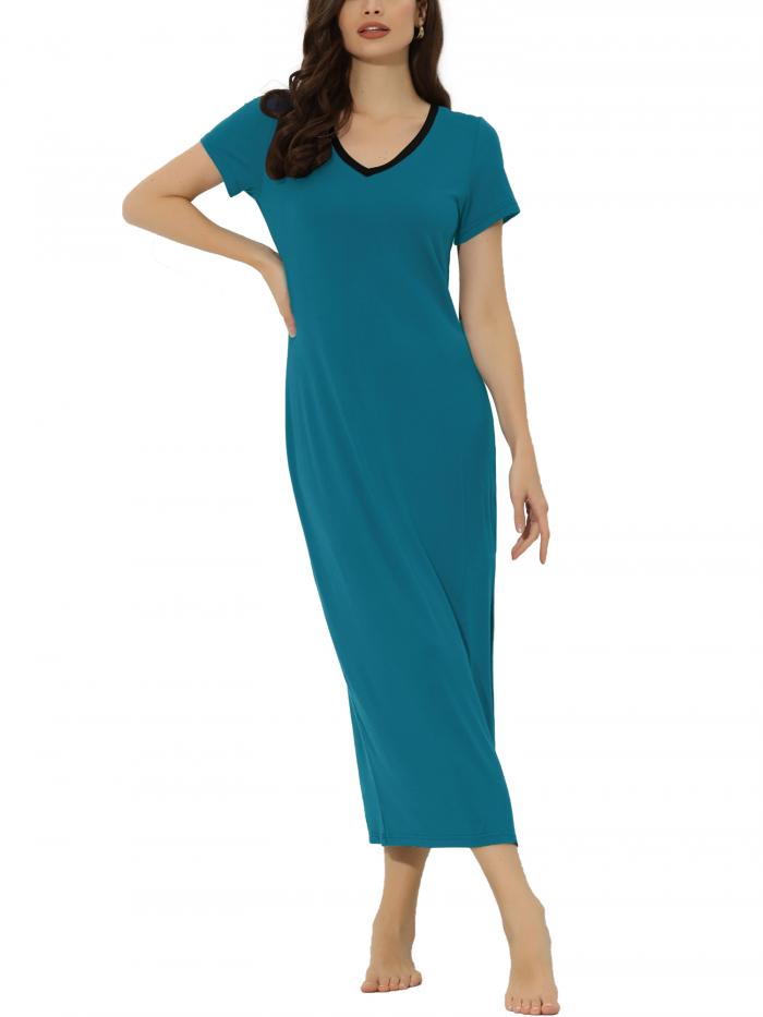 uxcell ロングドレス パジャマ Vネック ナイトシャツ 半袖 無地 サイドスプリット スリムフィット ナイトガウン レディース ピーコックブルー L