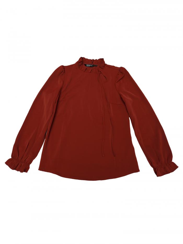 Allegra K 長袖シャツ ワークブラウス トップス エレガント フリルネクタイネック レディース カラメル L(4)