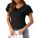 cheibear レディース スリープシャツ Tシャツ 半袖 ソフトニット Vネック フリル パジャマ トップス 黒 XS