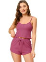 cheibear パジャマ ラウンジセット クロップタンクトップとショーツ ルームウェア ノースリーブ 2ピース レディース ローズレッド XL