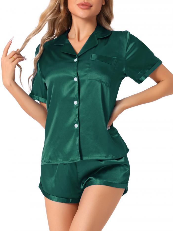 cheibear 女性サテンパジャマセットボタン半袖シャツとショーツラウンジウェアパジャマ ディープグリーン XS