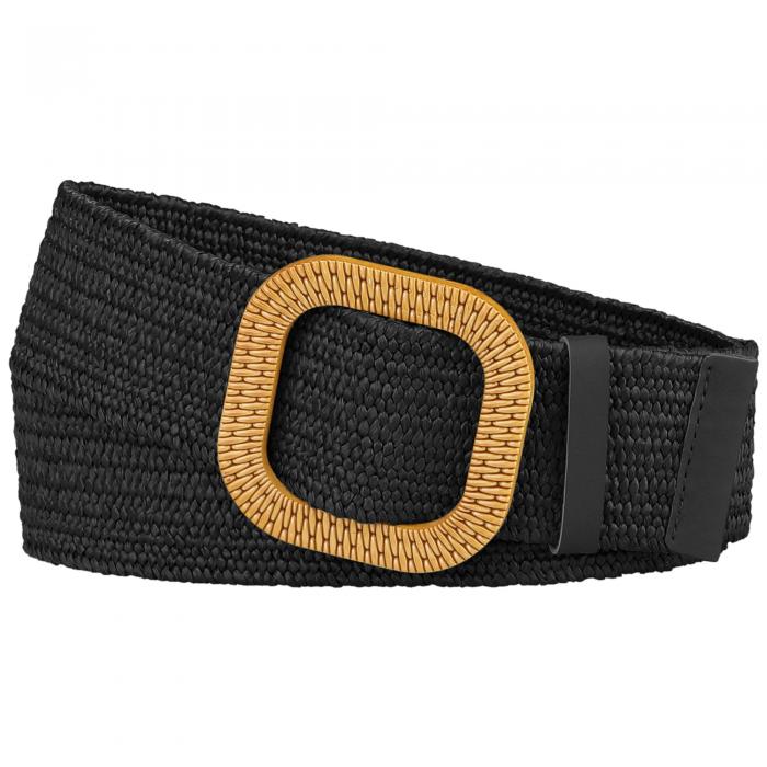 Elerevyo Womens Woven Wide Stretch Belts, Straw Rattan Wooden Buckle Elastic Waist Belts Waistband for Dress Black 60-85cm/23.62-33.46"