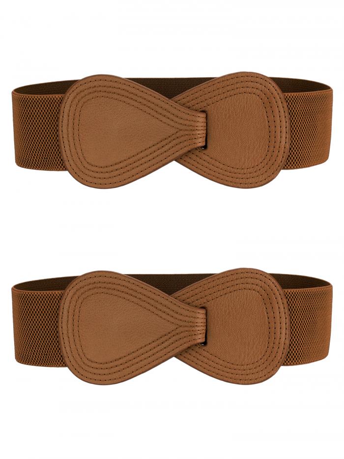 Allegra K 2Pcs Interlock 8-shaped Buckle Elastic Faux Leather Stretch Waist Belt for Lady Coffee 68.6x6cm/27x2.36"(LxW)