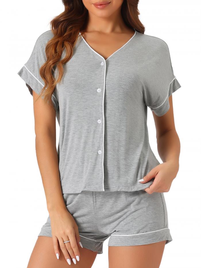 cheibear レディース ボタンダウン パジャマセット ソフト PJS 半袖 寝巻き モダール ラウンジセット ライトグレー XL