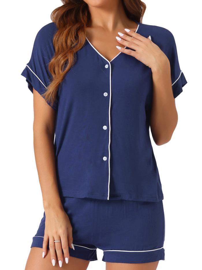 cheibear レディース ボタンダウン パジャマセット ソフト PJS 半袖 寝巻き モダール ラウンジセット ネイビーブルー XS