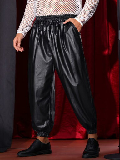 Lars Amadeus メンズ メタリックパンツ 伸縮性ウエスト ナイトクラブ パーティー ディスコ シャイニージョガー ブラック XL