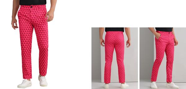 Lars Amadeus メンズ コントラストカラー パンツ ロングパンツ トライ アングル チェック柄 プリント ドレスパンツ ローズレッド 3XL