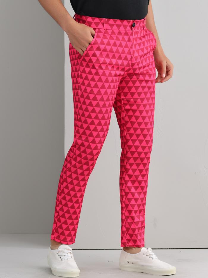 Lars Amadeus メンズ コントラストカラー パンツ ロングパンツ トライ アングル チェック柄 プリント ドレスパンツ ローズレッド 3XL