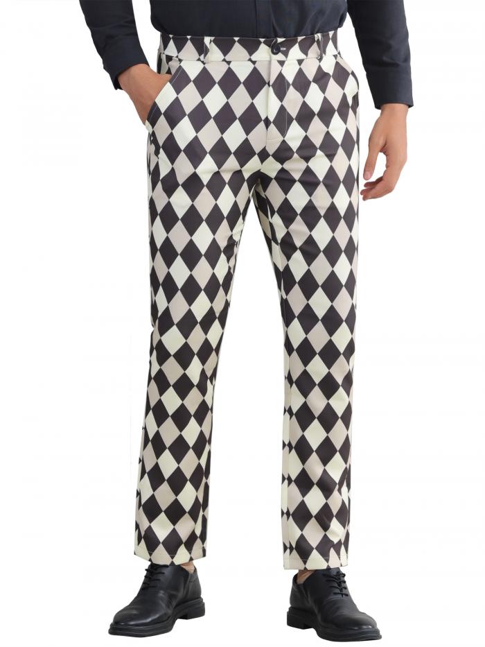 Lars Amadeus メンズ用アーガイルドレスパンツ フラットフロント ストレートレッグ チェック柄プリント トラウザーズ ブラウンカーキ 3XL