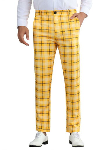 Lars Amadeus メンズ用チェック柄パンツ カラーブロック ストレートレッグ チノパンツ ロングパンツ 黄 M Lars Amadeus メンズ用チェック柄パンツ カラーブロック ストレートレッグ チノパンツ ロングパンツ 黄 M