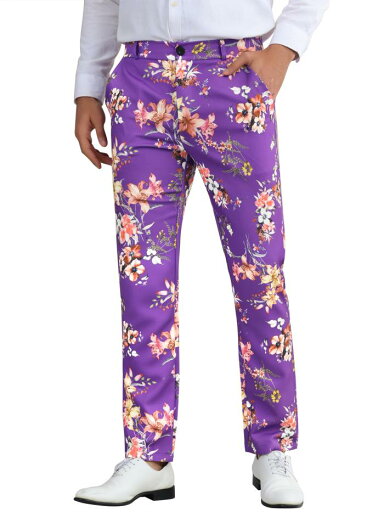 Lars Amadeus メンズ用 プリントドレスパンツ ストレートレッグ フラットフロント ロングパンツ 花柄ズボン パープル XL Lars Amadeus メンズ用 プリントドレスパンツ ストレートレッグ フラットフロント ロングパンツ 花柄ズボン パープル XL