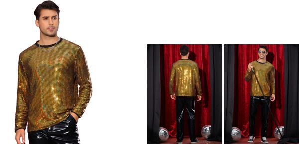 Lars Amadeus きらめく輝くスパンコールTシャツ ラウンドネック 長袖 格子柄 チェック メタリックロングTシャツ メンズ ゴールデン L