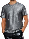 Lars Amadeus メンズ用グリッターTシャツ 半袖 メタリック シャイニー パーティー ナイトアウト シルバーグレー M