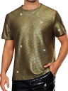 Lars Amadeus メンズ用グリッターTシャツ 半袖 メタリック シャイニー パーティー ナイトアウト ゴールデン M