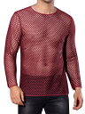 Lars Amadeus メッシュ Tシャツ メンズ 長袖 クラブ パーティー シースルー シアー トップ ティー レッド XL