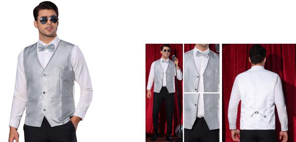 Lars Amadeus メンズクラブウェア用メタリックウエストコート 輝くフォーマルベスト パーティー用 ノースリーブ グリッターベスト シルバー M