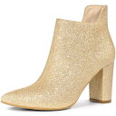 Allegra K レディース ポインテッドトゥ カットアウト ブロックヒール グリッター アンクルブーツ ゴールド 26.0cm(4)