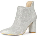 Allegra K レディース ポインテッドトゥ カットアウト ブロックヒール グリッター アンクルブーツ シルバー 23.5cm