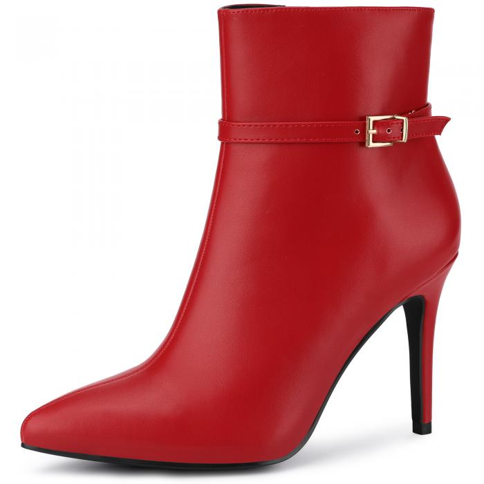 Allegra K レディース ポインテッドトゥ バックルストラップ スティレットヒール アンクルブーツ レッド 26.0cm