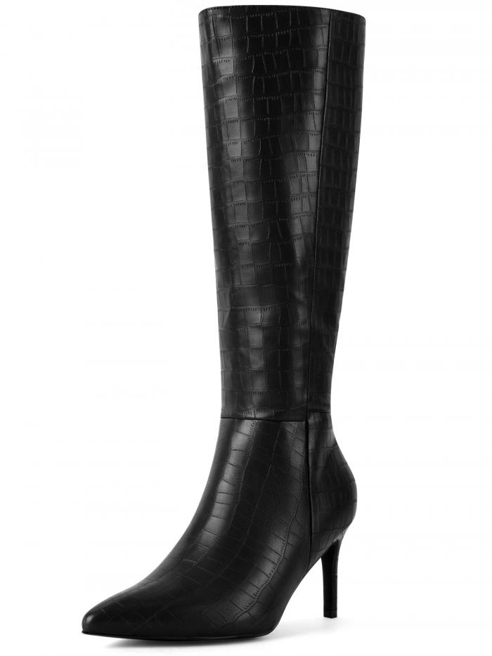 Perphy ストーン柄のポインテッドトゥスティレットヒールニーハイブーツ（レディース） ブラック 25.5cm