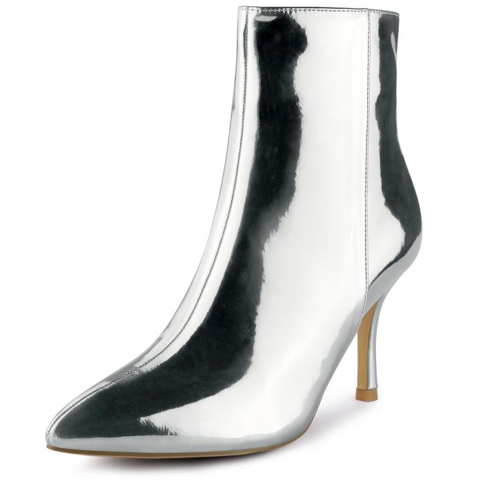 Perphy 女性用 ミラーレザーポインティトゥジッパースティレットヒールアンクルブーツ シルバー 24.0cm