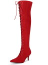 Allegra K レディース レースアップ スティレットヒール オーバーニーハイブーツ レッド 23.5cm(4)