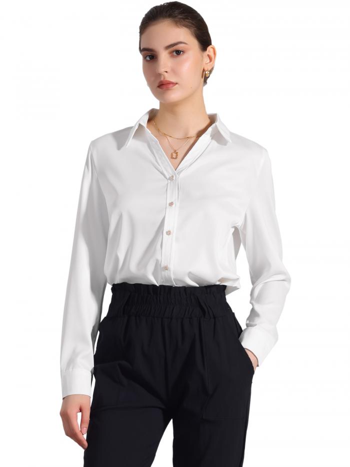 Allegra K レディース ワーク オフィス シャツ Vネック ボタンダウン 長袖 シフォン ブラウス トップス ホワイト XL