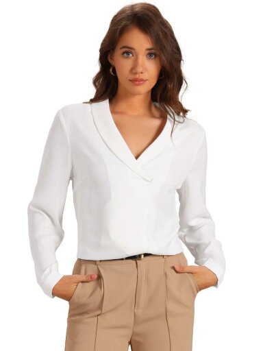 Allegra K レディース ショールカラー 長袖 オフィス ドレッシー シャツ トップス ワークブラウス ホワイト XL Allegra K レディース ショールカラー 長袖 オフィス ドレッシー シャツ トップス ワークブラウス ホワイト XL