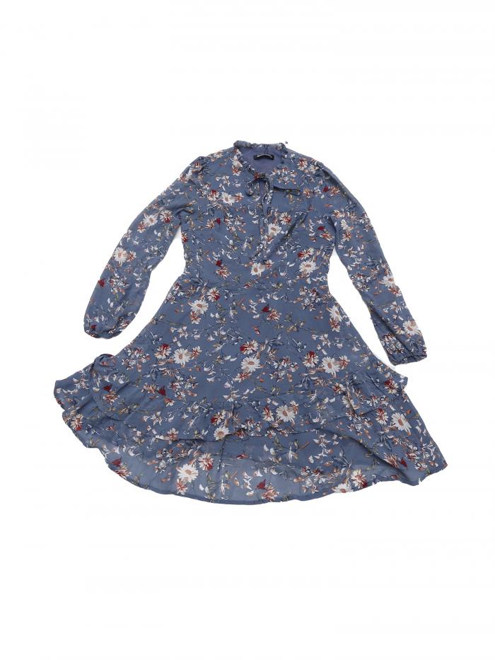 Allegra K 夏 ミニドレス 花柄ワンピース レイヤード Vネック セミシアー 長袖 シフォン レディース ブルーグレー XL