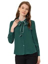 Allegra K ボウタイブラウス リボンブラウス リボンタイ シャツ 長袖 無地 オフィス レディース ダークグリーン XL