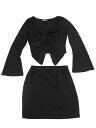 Allegra K レディース ニット 2ピース アウトフィット ツイスト Vネック ベルスリーブ トップスとミニスカートセット ブラック XS