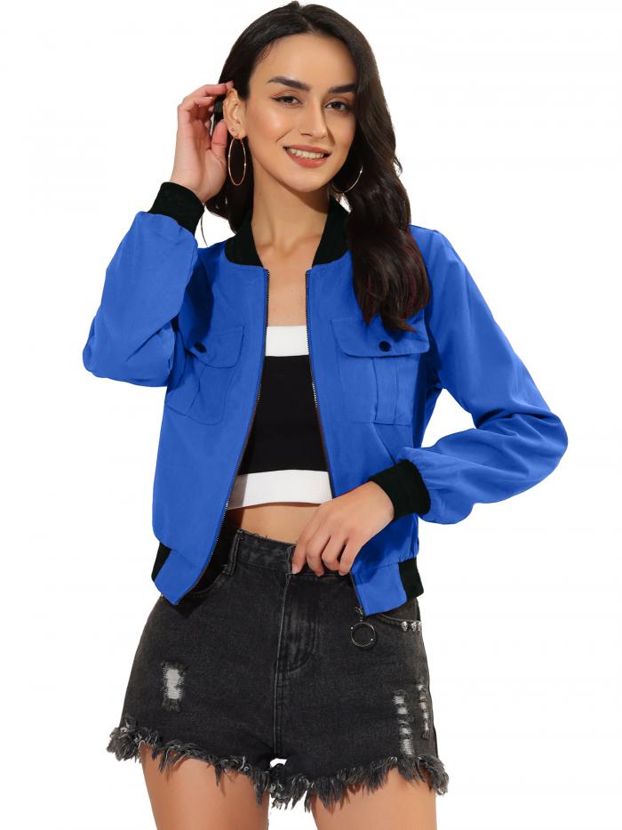 Allegra K スタジャン ジャケット ブルゾン ショート丈 アウター 長袖 ジッパー レディース ブルー S