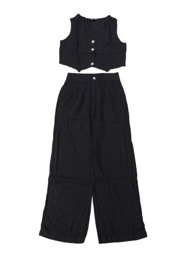 Allegra K 夏用ツーピース Vネック ノースリーブ リネン クロップタンク ワイドレッグパンツ マッチングセット レディース 黒 XL Allegra K 夏用ツーピース Vネック ノースリーブ リネン クロップタンク ワイドレッグパンツ マッチングセット レディース 黒 XL