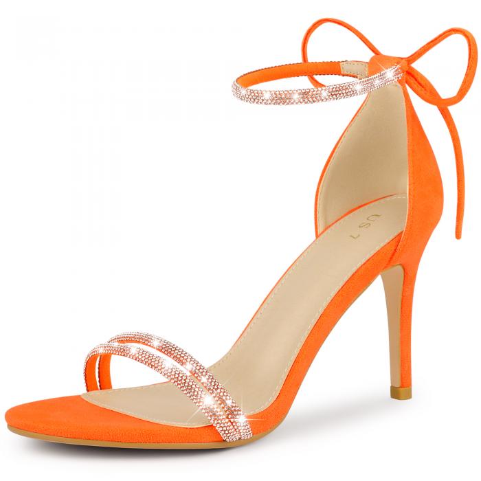 Perphy ピンヒールサンダル ラウンドトゥ ラインストーン アンクルネクタイ ファッション レディース 蛍光オレンジ 25.0cm