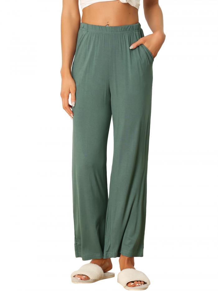 cheibear レディース コットン スリープパンツ 伸縮性ウエスト ワイドレッグ ストレートパンツ ボトムス スリープウェア ポケット付き 緑 M