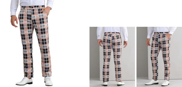Lars Amadeus チェック柄パンツ チェックスーツ フラットフロント ストレッチ 伸縮性 カジュアル メンズ ブラックオレンジ S