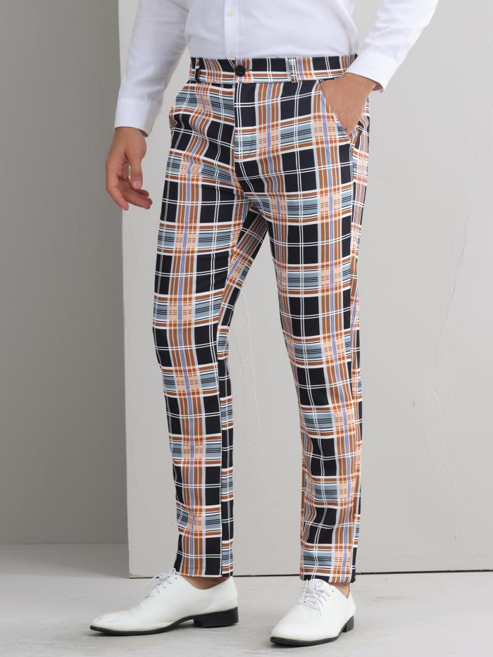 Lars Amadeus チェック柄パンツ チェックスーツ フラットフロント ストレッチ 伸縮性 カジュアル メンズ ブラックオレンジ S