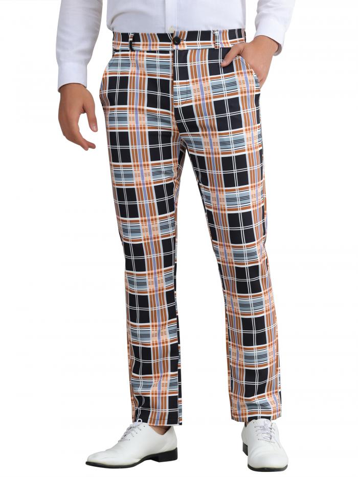 Lars Amadeus チェック柄パンツ チェックスーツ フラットフロント ストレッチ 伸縮性 カジュアル メンズ ブラックオレンジ S