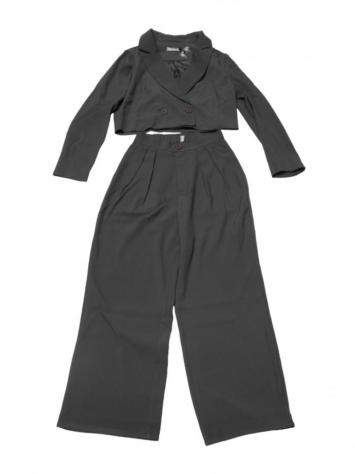 Allegra K レディース 2ピースセット ビジネスカジュアル ノッチドラペル クロップジャケット ワイドレッグパンツ ワークスーツ ダークグレー M