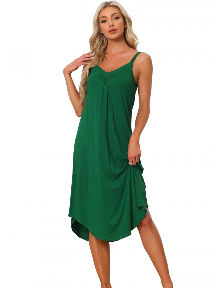 Allegra K ラウンジ キャミドレス パジャマ Vネック ネグリジェ セクシー ナイトドレス 伸縮性 レディース ダークグリーン S