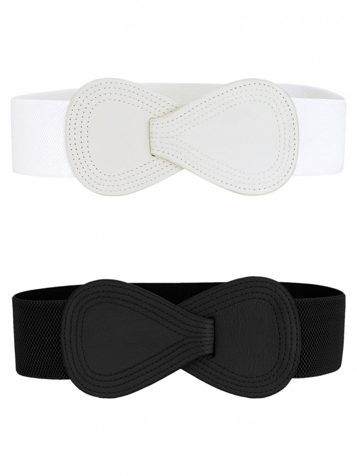 Allegra K 2Pcs Interlock 8-shaped Faux Leather Buckle Elastic Waist Belt for Lady Black & White 85x6cm/33.5x2.36"(LxW)