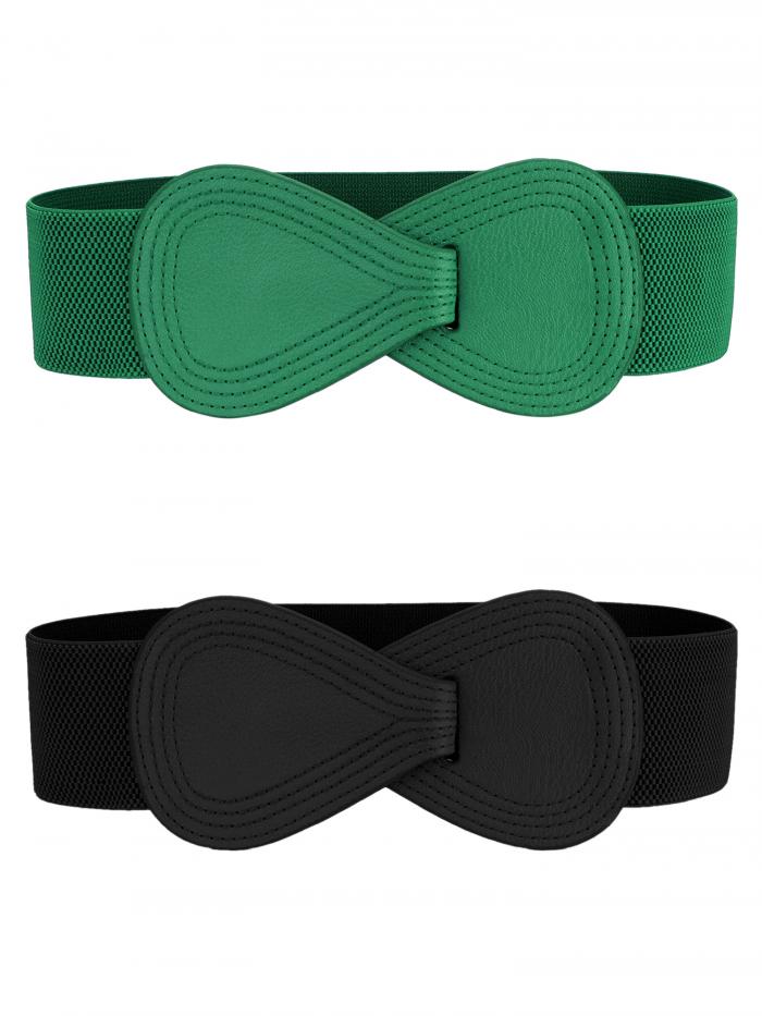Allegra K 2Pcs Interlock 8-shaped Faux Leather Buckle Elastic Waist Belt for Lady Black & Green 85x6cm/33.5x2.36"(LxW)