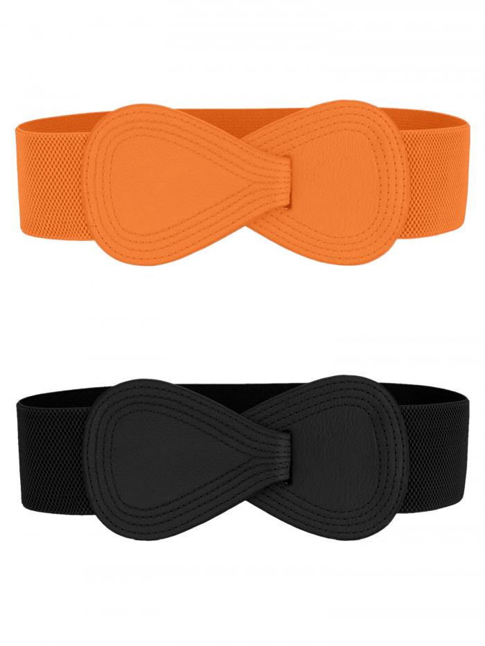Allegra K 2Pcs Interlock 8-shaped Faux Leather Buckle Elastic Waist Belt for Lady Black & Orange 85x6cm/33.5x2.36"(LxW)