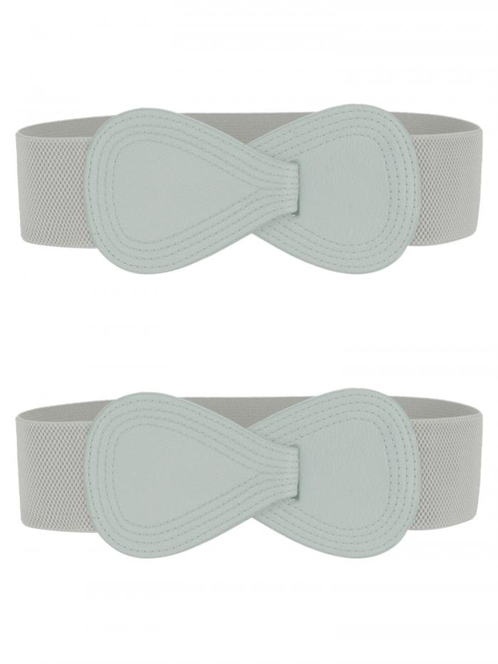 Allegra K 2Pcs Interlock 8-shaped Buckle Elastic Faux Leather Stretch Waist Belt for Lady Gray 85x6cm/33.5x2.36"(LxW)
