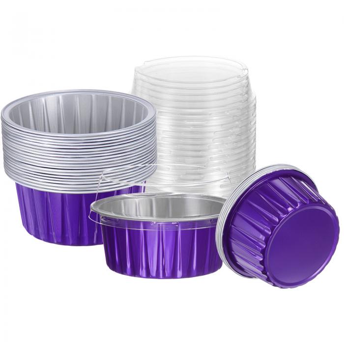 uxcell 25個 蓋付きベーキングカップ 5オンス アルミホイルライナー ミニ使い捨て容器 カップホルダー ケース ボックス パン デザート ウェディングパーティー パープル