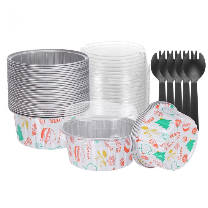 uxcell 50個 丸いカップケーキライナーセット5オンス使い捨てアルミホイルカップケーキカップミニパイパンベーキングカップコンテナケース蓋つきフォーク付きウェディングパーティーオーブン用 クリスマスデザイン